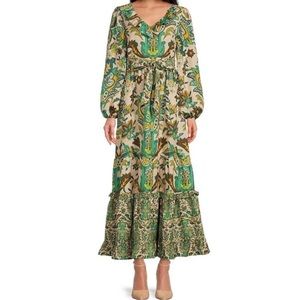 A Loves A Printed Voile Ruffle V-Neck Tiered A-Line Belted Maxi Dress XS NWT